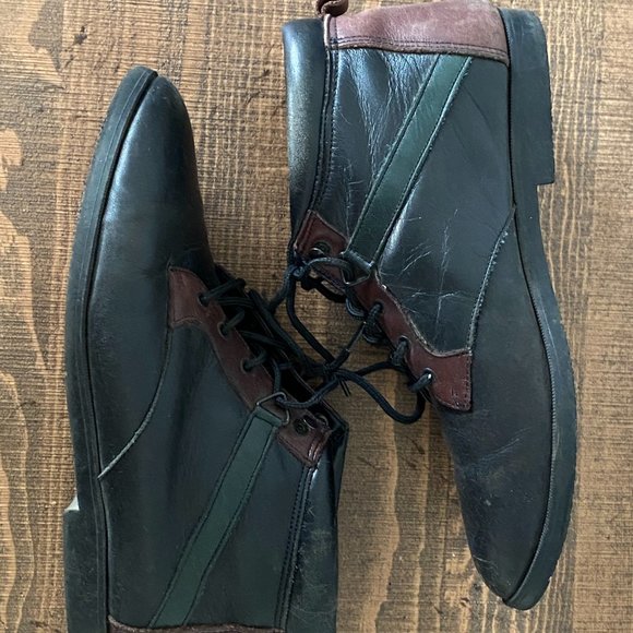 Vintage DANEXX  Black w/ Forest Green  stripe Lace-up Ankle Boots - Picture 2 of 6